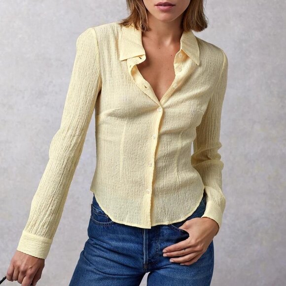 Rouje Paris Yellow Palmyra Crinkle Long Sleeve Button Shirt Womens 36 Small - Picture 1 of 6